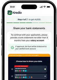Bank statement upload screen in the Kredio app