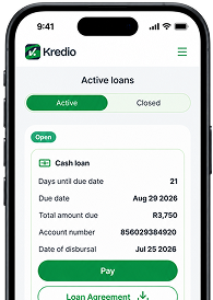 Active loans screen in the Kredio app